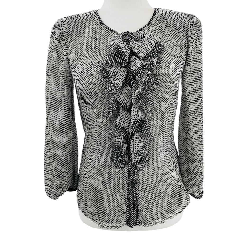 Lida Baday Black & White Silk Polka Dot Sheer Ruffle Blouse Women Sz 2 - Picture 2 of 14